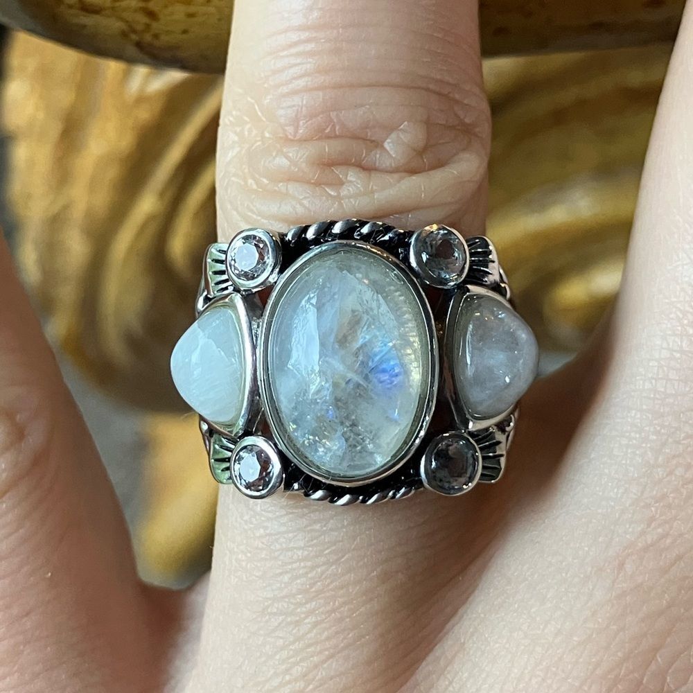 Natural Rainbow Moonstone White Topaz Sterling Silver Cocktail Ring Size 7